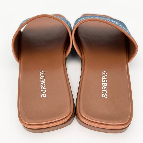 BURBERRY Carolyn Denim Logo Flat Slide EU 38.5 US 8.5 Blue Brown Two Tone Sandal - Picture 3 of 11